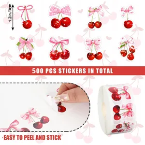 500 Pcs Cute Cherry Bow Stickers Roll 1.2 Inch Waterproof Decals for Scrapbook Gift Packing