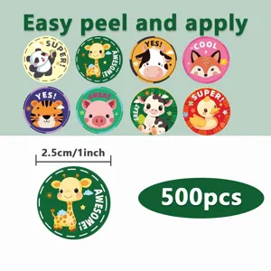 Cute cartoon animal stickers roll, round reward stickers for kids and teachers, 500pcs.