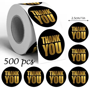 Thank you stickers roll 500 pcs black gold foil round adhesive labels for gift packaging seal.