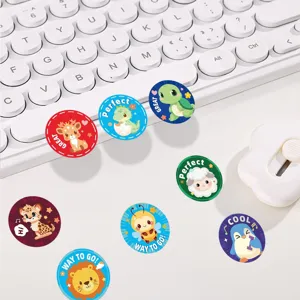 Cute cartoon animal reward stickers roll for kids, waterproof round encouraging decals for classroom.