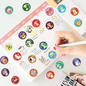 Cartoon animal reward stickers roll for kids, cute round jungle encouraging decoration.
