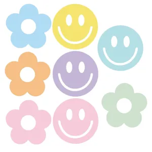 Colorful smiley face and flower stickers for kids, perfect for reward and decoration use.