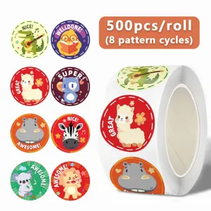 500pcs roll cartoon animal reward stickers with cute jungle designs for classroom and kids.