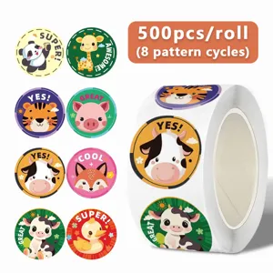 Cartoon animal reward stickers roll, 500 pcs per roll with 8 cute pattern cycles for kids.