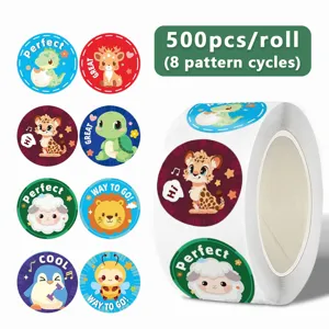 Cartoon animal stickers roll, 500 pcs round reward stickers for kids, teachers, and classroom.