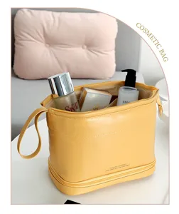 Large capacity yellow PU leather cosmetic bag interior storage layout and detail display.