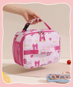 Pink cute bow heart print insulated lunch bag portable bento handbag for kids and students