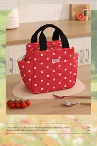 Quilted red lunch bag with cute white polka dots, insulated tote bag with handles.
