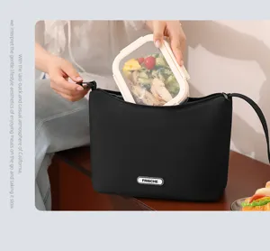 Oxford cloth lunch bag detail, stylish black tote with zipper closure and handle design.
