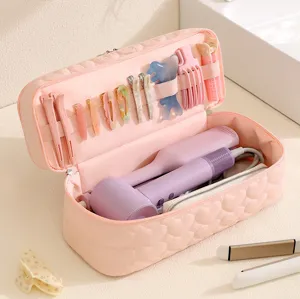 Borsa da viaggio trapuntata rosa per arricciacapelli, organizzatore doppio strato.