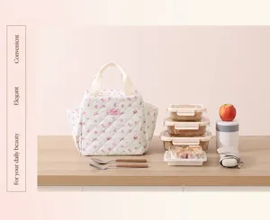 Detailed view of the quilted lunch bag set with containers and tableware in a cozy daily scene.