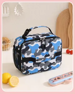 Blue camouflage insulated lunch bag detail shot, featuring durable handle and practical mesh pocket.