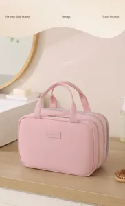 Pink multi-layer portable cosmetic bag with large capacity for travel and daily storage.