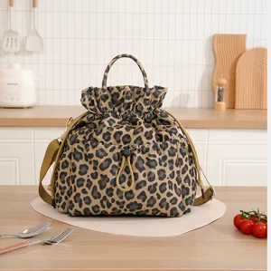 Leopard print drawstring lunch bag, stylish insulated tote handbag for work and daily commuting.