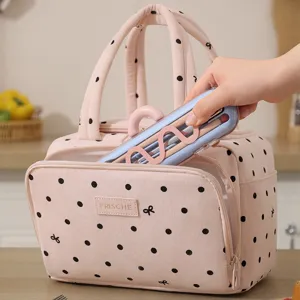 Pink corduroy lunch bag with cute polka dots, insulated hand bag for work, school, outdoor.