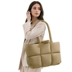 Stylish padded grid tote bag, soft PU leather shoulder handbag for women daily wear