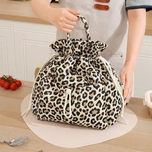 Leopard Print Drawstring Lunch Bag Portable Insulated Bento Tote Commuter Handbag