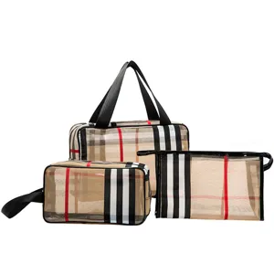 Transparente Kosmetiktasche Set, wasserdichter Kulturbeutel mit klassischem Karomuster.