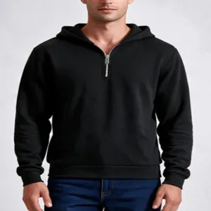 Felpa uomo casual mezza zip con cappuccio felpata maniche lunghe nera streetwear alla moda