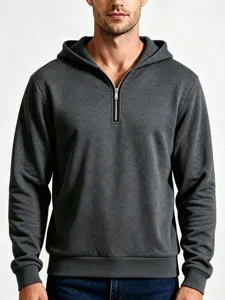 Felpa con cappuccio e mezza zip da uomo grigio scuro, pile casual per tutti i giorni.