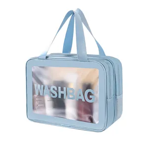 Blauer doppelseitiger PU Kulturbeutel wasserdichte Kosmetiktasche transparente Reisetasche.