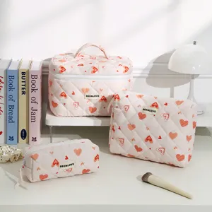 Trousse de Maquillage Matelassée de Grande Capacité Joli Motif Cœur Océan Pochette de Rangement de Voyage Sac Organisateur Cosmétique Portable
