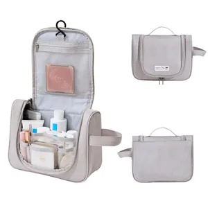 Portable hanging toiletry bag, large capacity travel cosmetic storage organizer, grey makeup bag with hook.