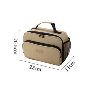 Insulated lunch bag for office workers and students, portable bento storage box with mesh pockets.