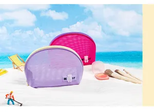 Half-round mesh cosmetic bag, portable travel toiletry pouch, breathable zipper storage organizer.