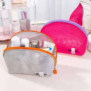 Portable Half Moon Makeup Bag Mesh Travel Toiletry Organizer Contrast Color Cosmetic Pouch For Women Daily Use