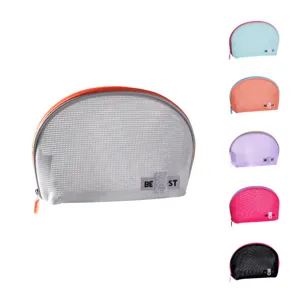 Portable semi-circular mesh cosmetic bag with zipper, breathable makeup travel storage pouch.
