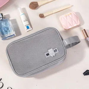 Grey mesh toiletry bag portable cosmetic storage bag with handle for travel beach daily use