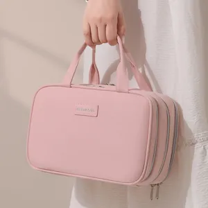 Pink multi-layer portable cosmetic bag large capacity travel toiletry organizer pouch
