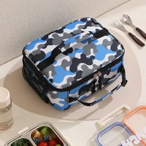 Blue camo portable lunch bag, insulated thermal bento box container for kids and students.