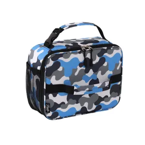 Blue camouflage insulated lunch bag for kids and students with side mesh pocket and sturdy handle.