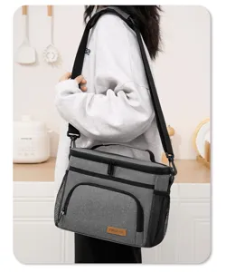 Grey insulated lunch bag with shoulder strap, large capacity thermal cooler bag for daily meal prep.