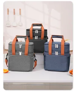 Multifunctional double-layer insulated lunch bag thermal picnic cooler bag with straps.