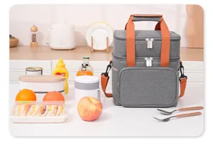 Double layer insulated lunch bag waterproof picnic cooler bag grey with orange straps