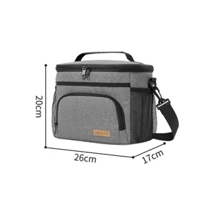 Grey insulated lunch bag with shoulder strap, leakproof thermal cooler bag for daily use.