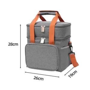 Double deck insulated lunch bag grey cooler thermal picnic bag with storage pockets 28x26x19cm