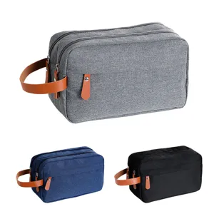 Men's large capacity travel toiletry bag, grey, blue, and black oxford cloth organizer.