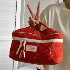 Quilted large capacity cosmetic bag cute rabbit embroidery travel makeup pouch for women