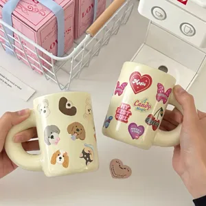 Tasse à café en céramique rétro avec joli chiot et stickers, anse épaisse tasse cadeau.