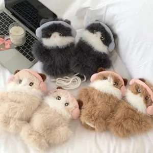 Women Cute Ragdoll Cat Plush Scarf And Gloves Thick Warm Winter Fuzzy Animal Shaped Flip Top Gloves Furry Neck Warmer