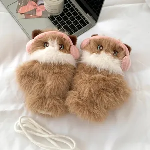 Cute plush ragdoll cat winter warm gloves with pink earmuffs soft thick cold-proof mittens