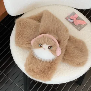 Cute plush cat scarf and gloves set for women, winter warm furry thermal fashion accessory.