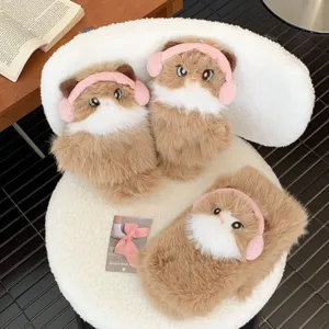 Cute ragdoll cat plush warm gloves and winter accessories set with cute pink earmuffs design.