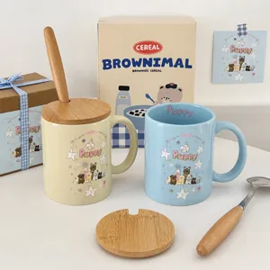 Cute cartoon puppy ceramic coffee mug set with natural wooden lid and spoon for couples.
