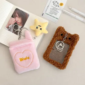 Cute plush card holder photocard display sleeve soft fuzzy keychain for school ID and idols.