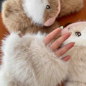 Cute plush cat gloves detail showing soft fluffy texture and warm winter design for women.